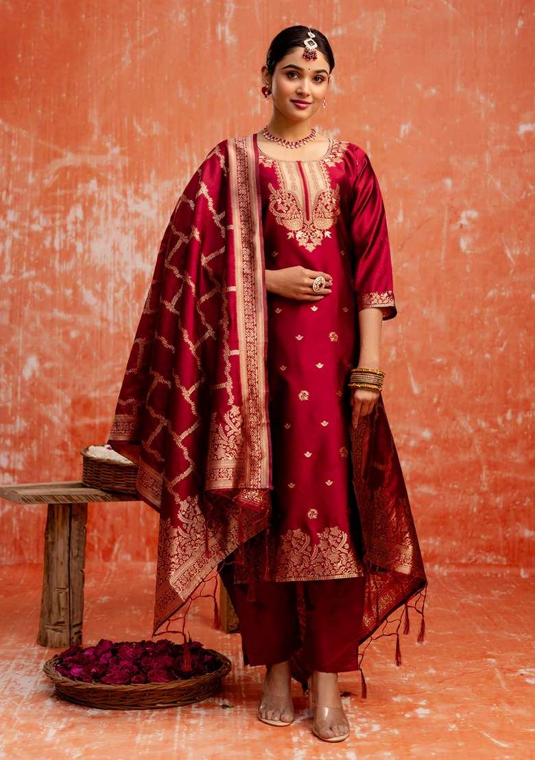 Maroon Embroidered Cotton Straight Kurta Set - Indya