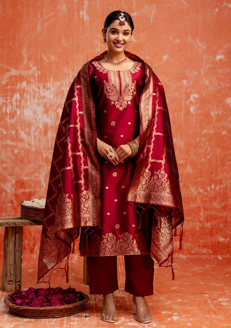 Maroon Zari Work Pure Cotton Salwar Kameez With Dupatta