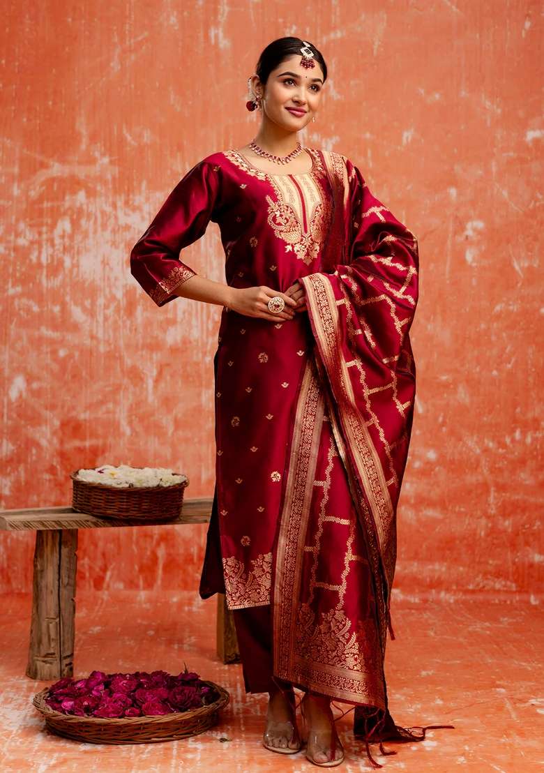 Maroon Embroidered Cotton Straight Kurta Set - Indya