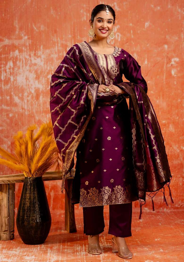 Purple Embroidered Cotton Straight Kurta Set - Indya