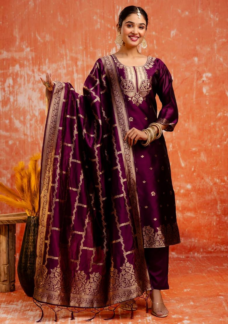 Purple Zari Work Pure Cotton Salwar Kameez With Dupatta