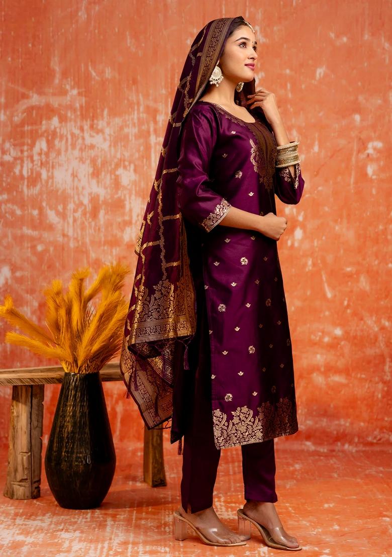 Purple Zari Work Pure Cotton Salwar Kameez With Dupatta