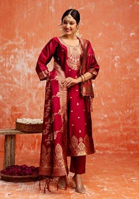 Maroon Zari Work Pure Cotton Salwar Kameez With Dupatta