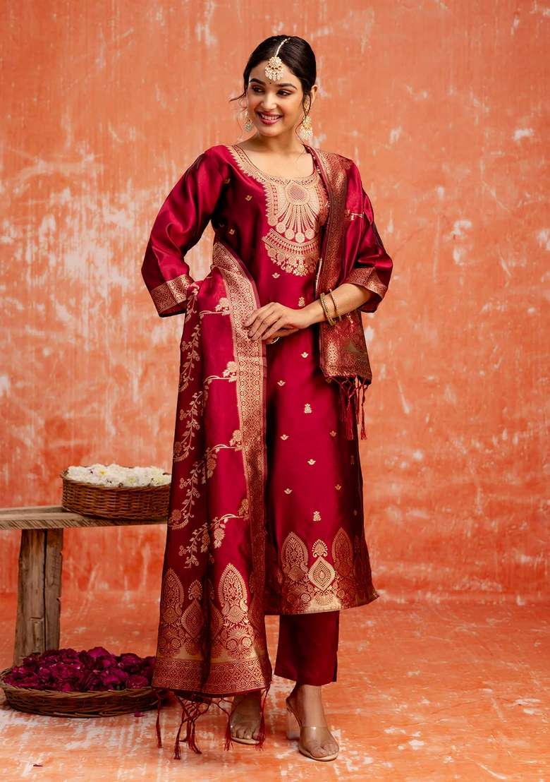 Maroon Embroidered Cotton Straight Kurta Set - Indya