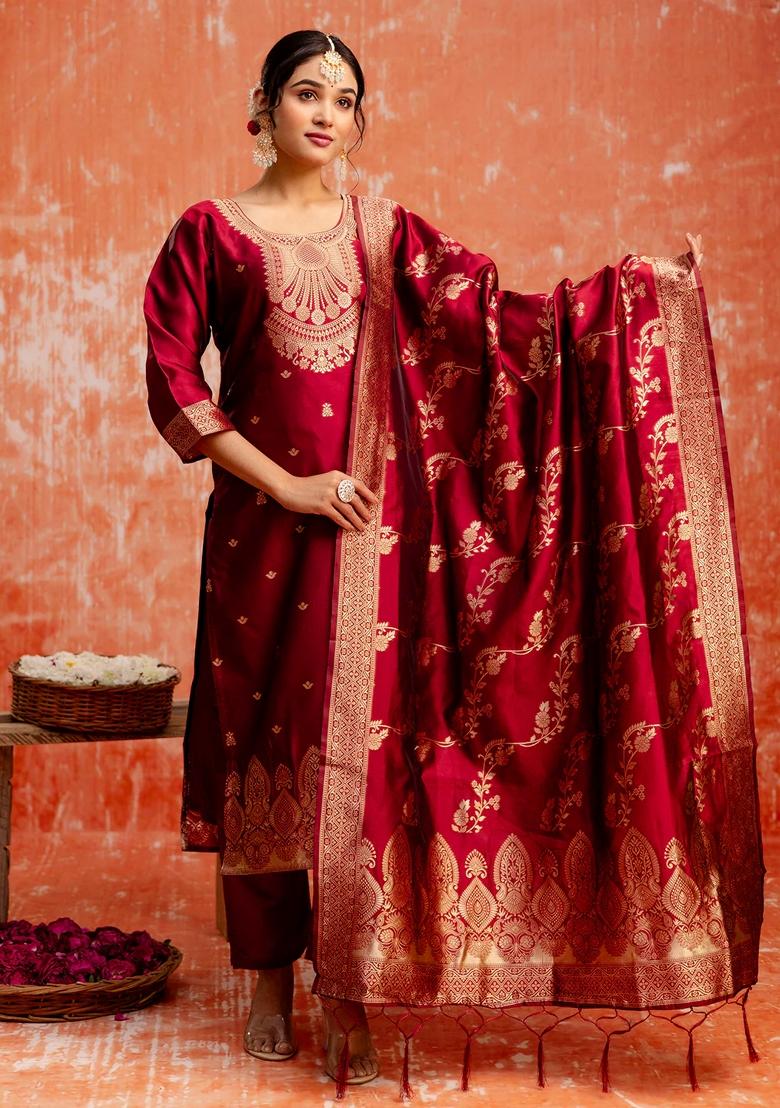 Maroon Zari Work Pure Cotton Salwar Kameez With Dupatta