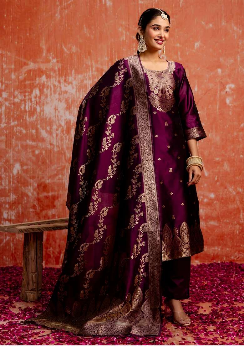 Purple Embroidered Cotton Straight Kurta Set - Indya