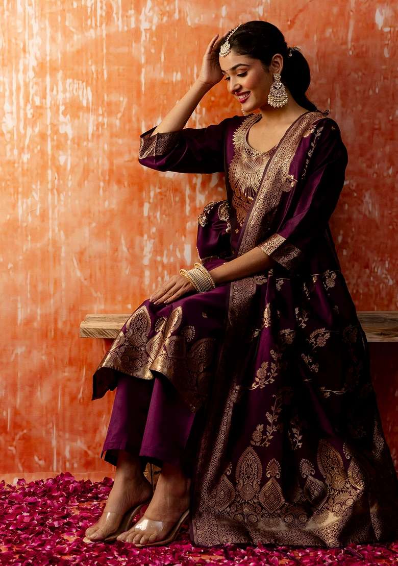 Purple Embroidered Cotton Straight Kurta Set - Indya