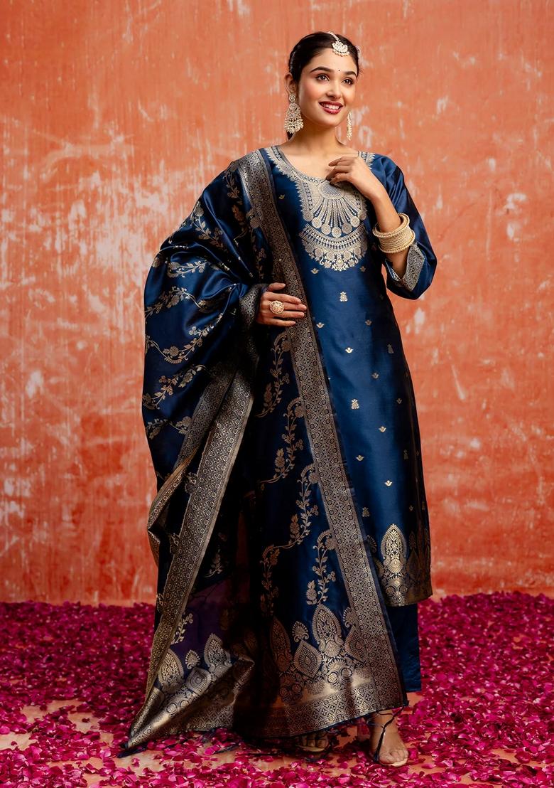 Teal Blue Zari Work Pure Cotton Salwar Kameez With Dupatta