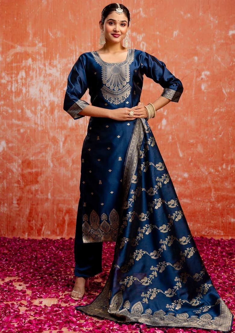 Teal Blue Zari Work Pure Cotton Salwar Kameez With Dupatta