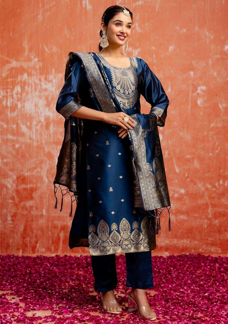 Teal Blue Embroidered Cotton Straight Kurta Set - Indya