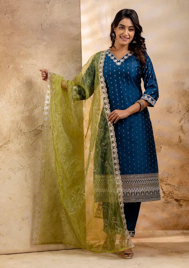 Teal Blue Embroidered Chanderi Salwar Kameez With Dupatta