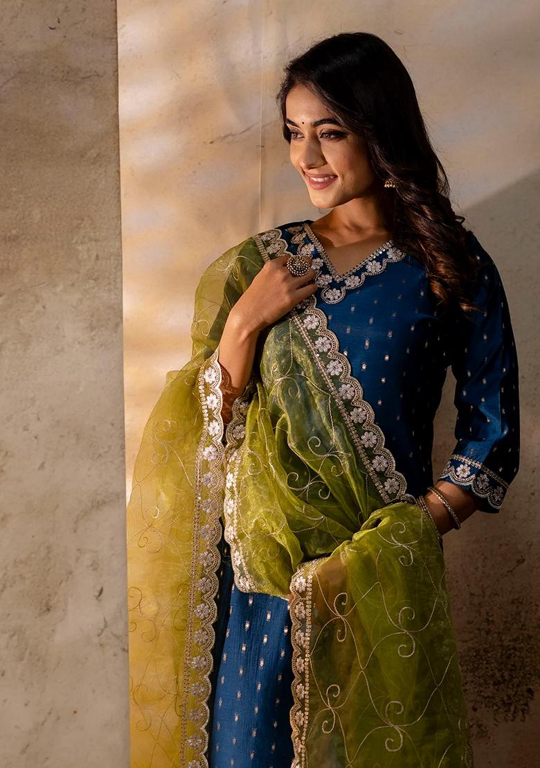 Teal Blue Embroidered Chanderi Salwar Kameez With Dupatta