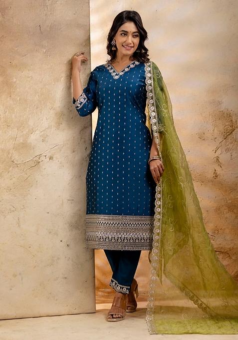 Teal Blue Printed Chanderi Straight Kurta Set