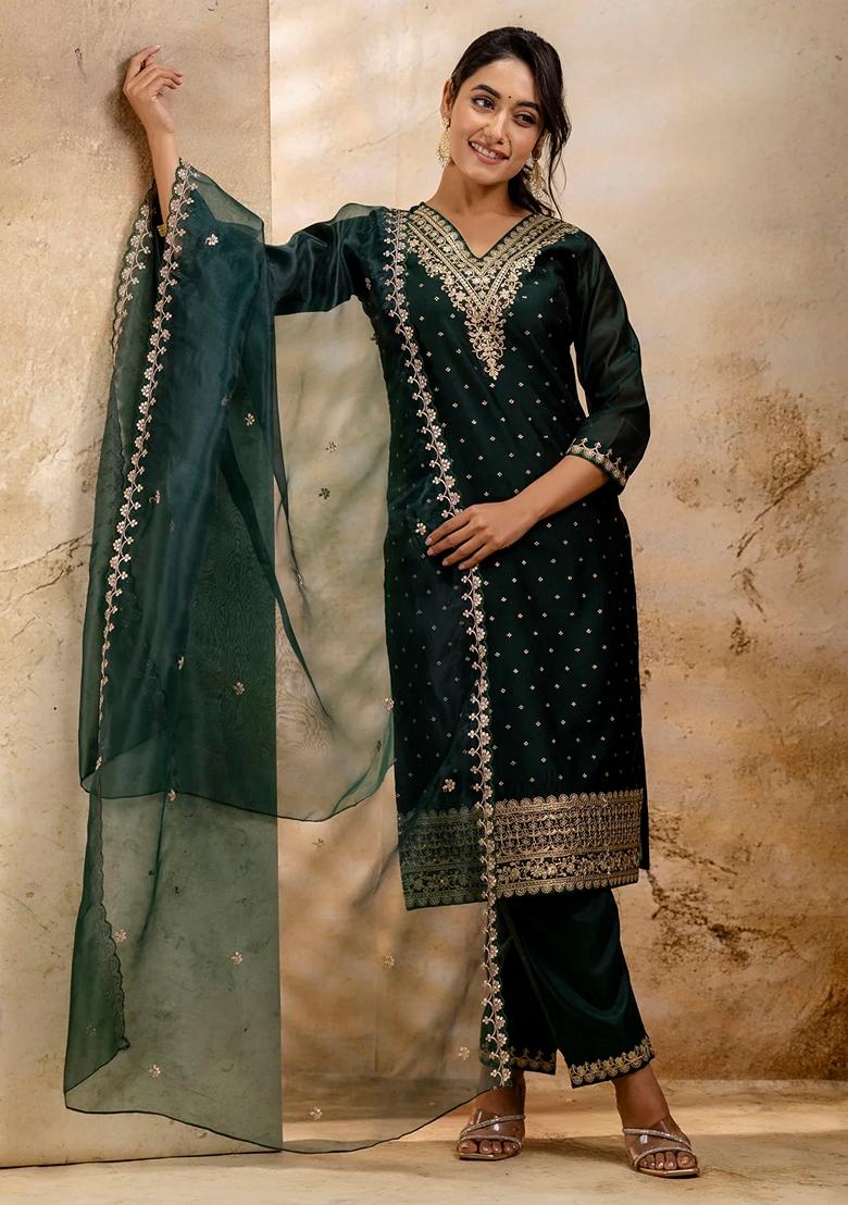 Green Embroidered Chanderi Salwar Kameez With Dupatta