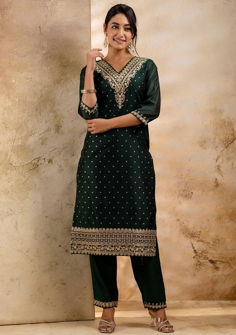 Green Embroidered Chanderi Salwar Kameez With Dupatta