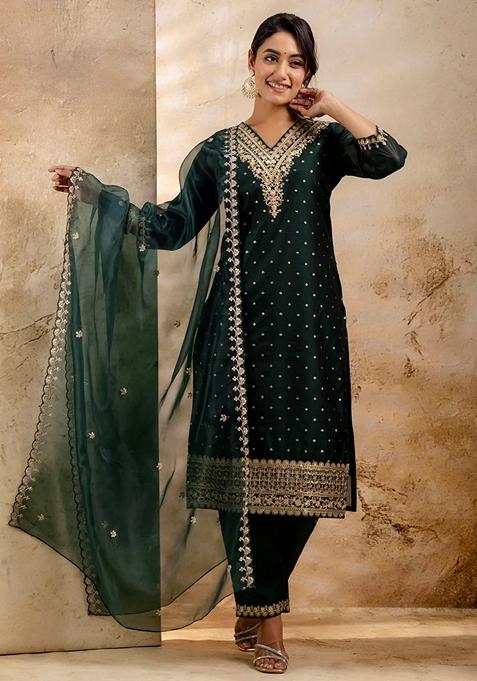 Green Embroidered Chanderi Pakistani Suit Set