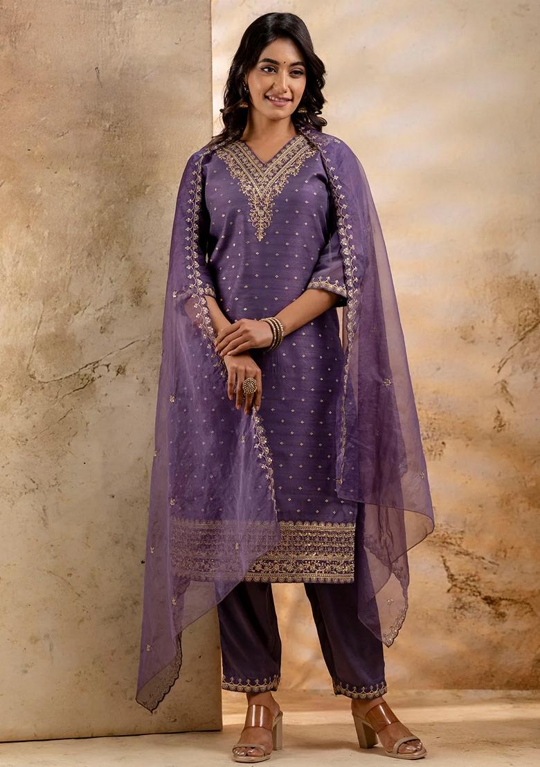 Lavender Embroidered Chanderi Salwar Kameez With Dupatta