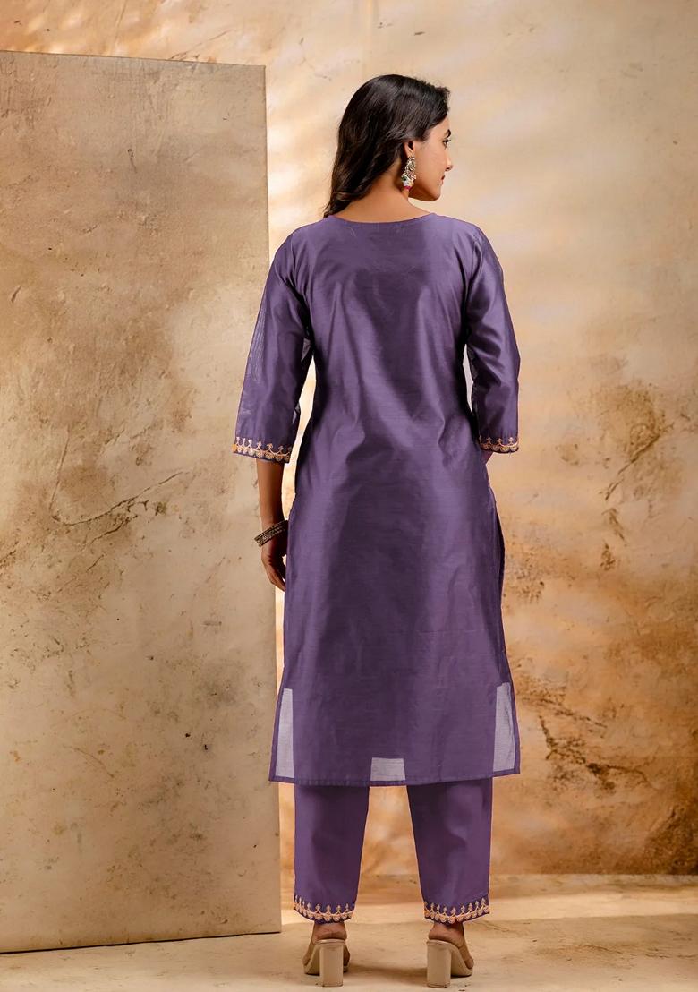 Lavender Embroidered Chanderi Salwar Kameez With Dupatta