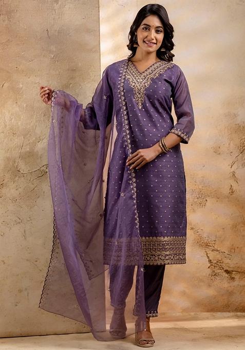 Lavender Embroidered Chanderi Straight Kurta Set