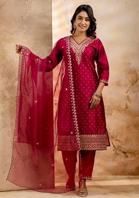 Rani Pink Embroidered Chanderi Salwar Kameez With Dupatta