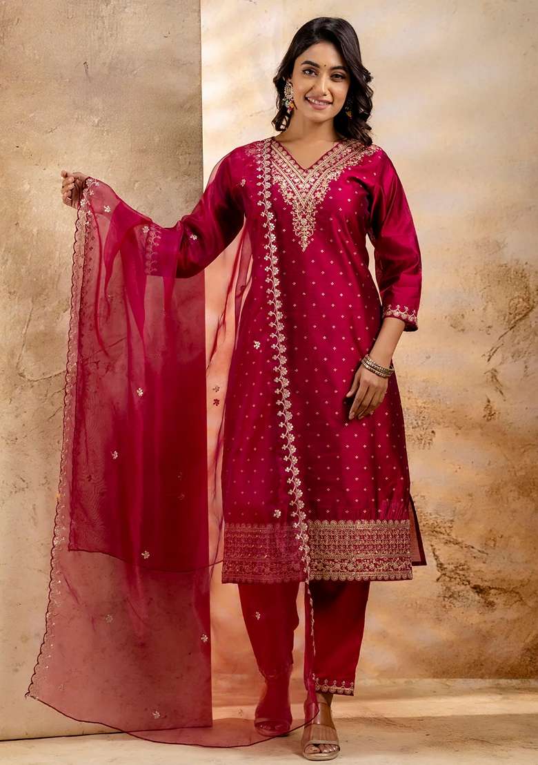 Rani Pink Embroidered Chanderi Straight Kurta Set - Indya