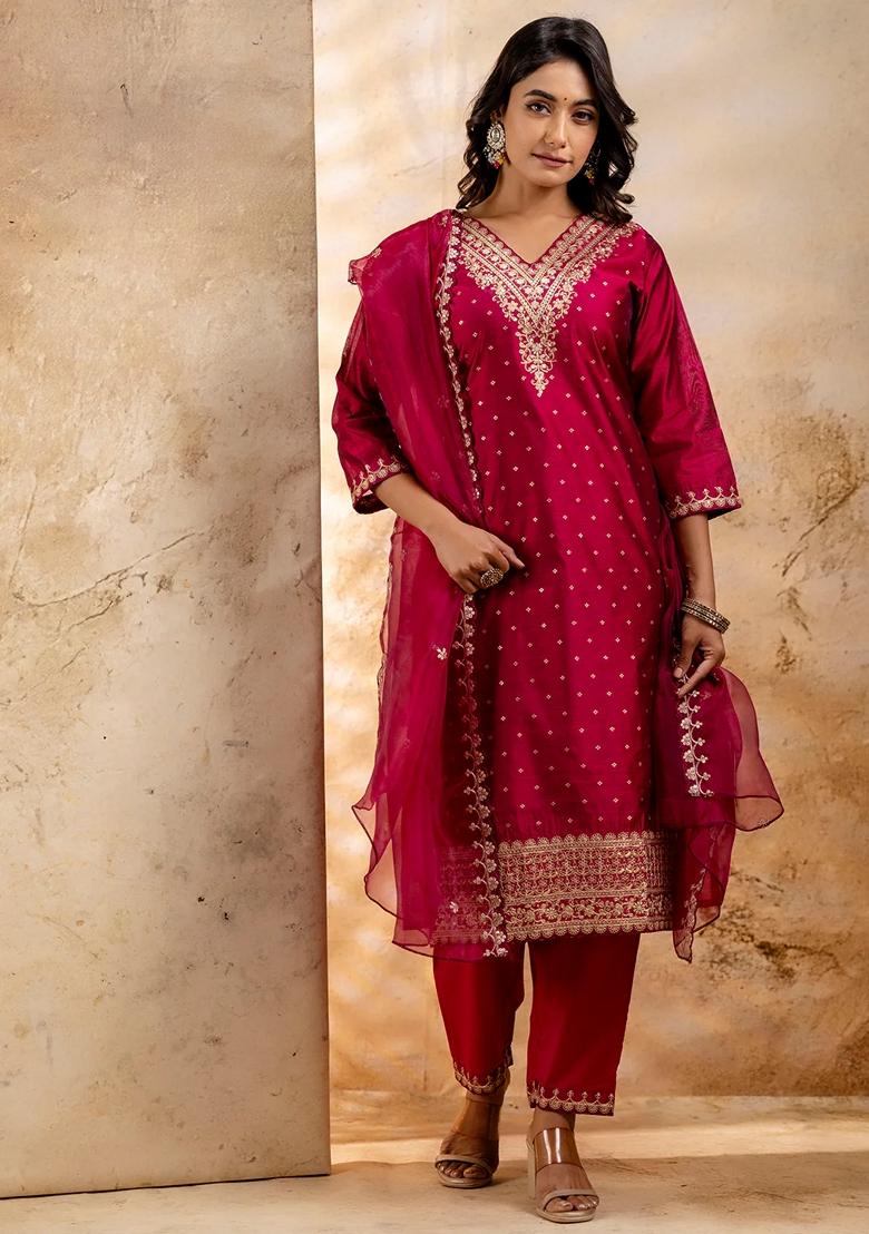 Rani Pink Embroidered Chanderi Salwar Kameez With Dupatta