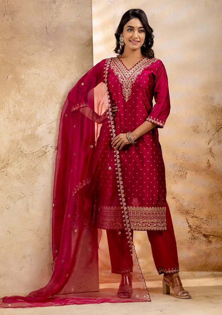 Rani Pink Embroidered Chanderi Straight Kurta Set - Indya
