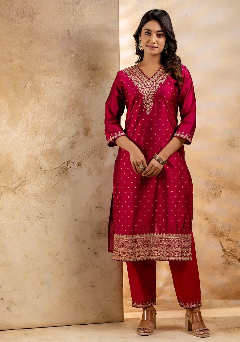 Rani Pink Embroidered Chanderi Salwar Kameez With Dupatta