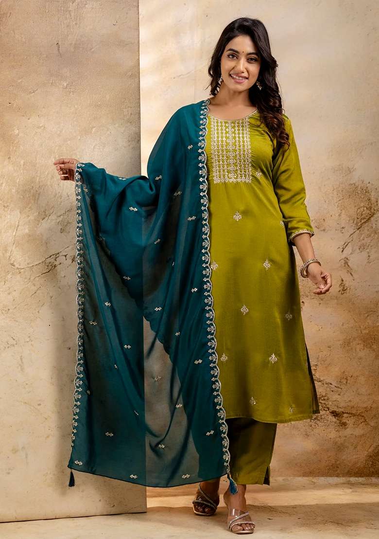 Mehendi Green Embroidered Silk Blend Salwar Kameez With Dupatta - Indya
