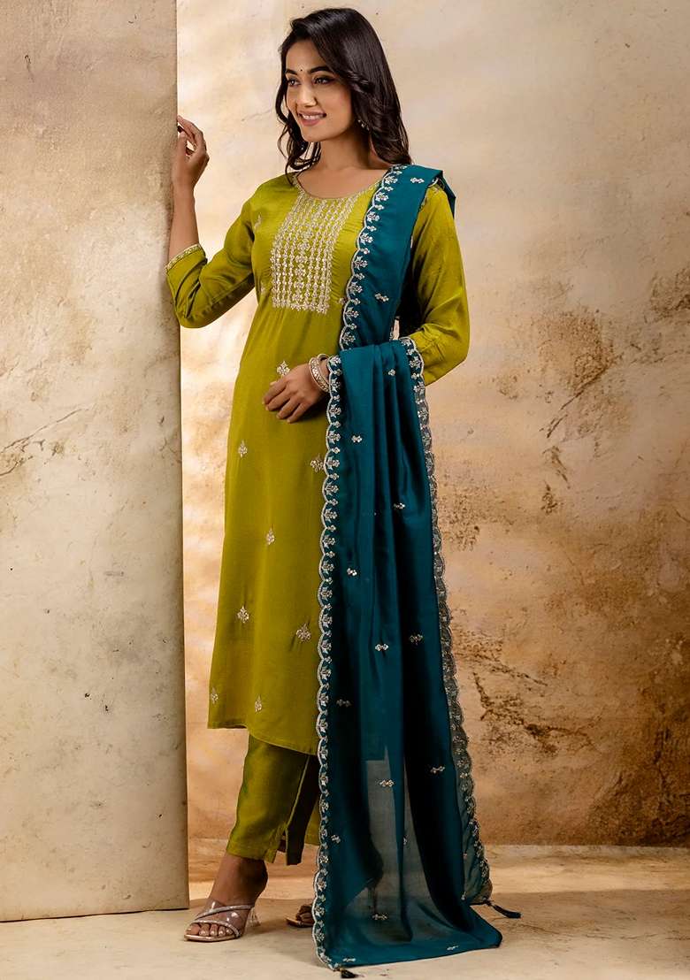 Mehendi Green Embroidered Silk Blend Salwar Kameez With Dupatta - Indya