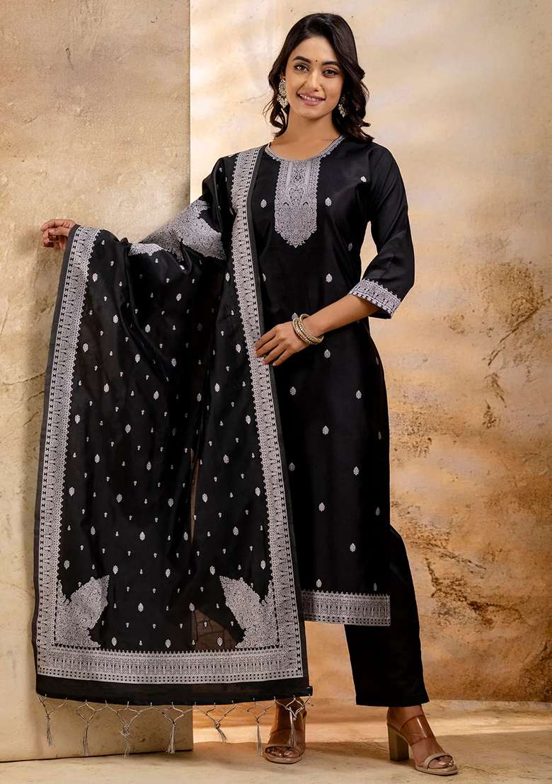 Black Embroidered Cotton Straight Kurta Set - Indya