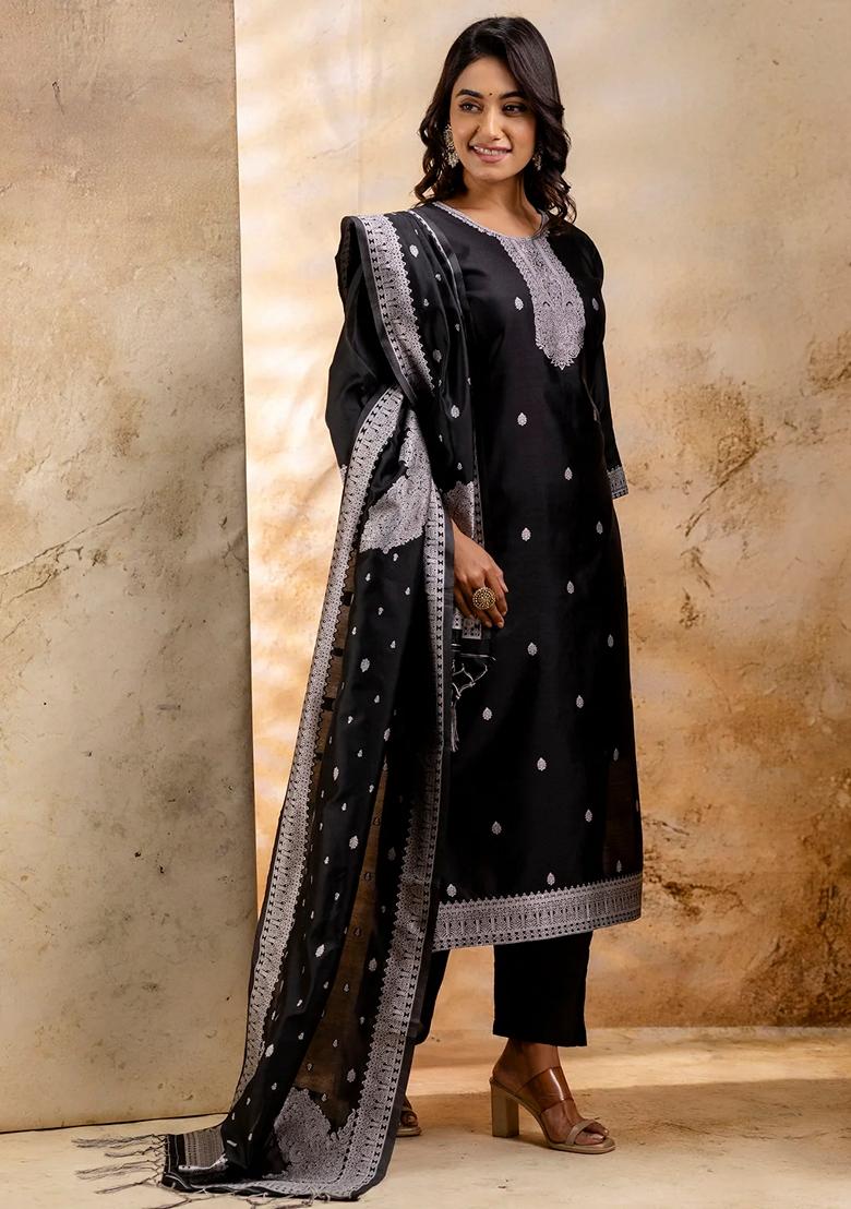 Black Self Weaving Pure Cotton Salwar Kameez With Dupatta