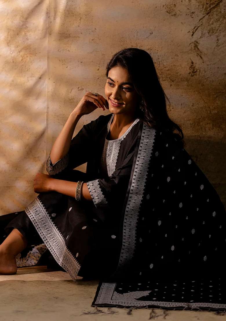 Black Embroidered Cotton Straight Kurta Set - Indya