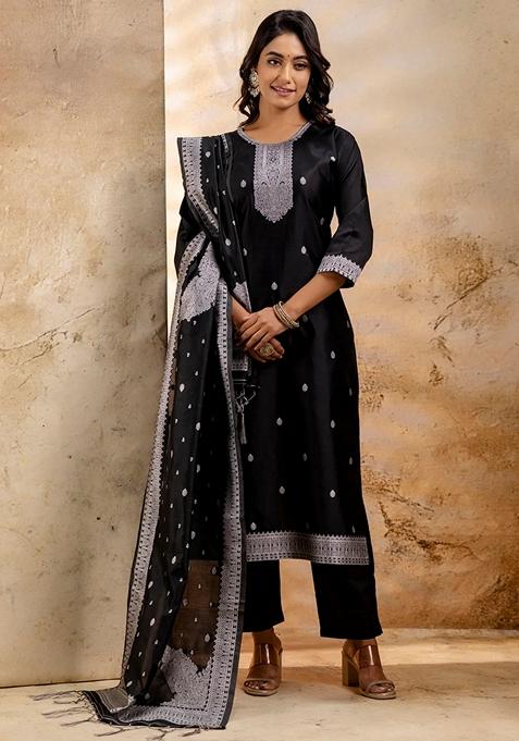 Black Self Weaving Pure Cotton Salwar Kameez With Dupatta