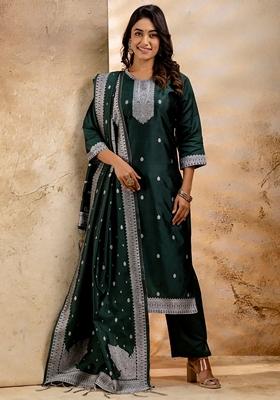 Green Self Weaving Pure Cotton Salwar Kameez With Dupatta