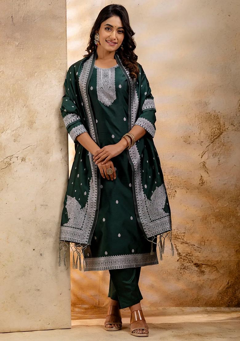 Green Self Weaving Pure Cotton Salwar Kameez With Dupatta