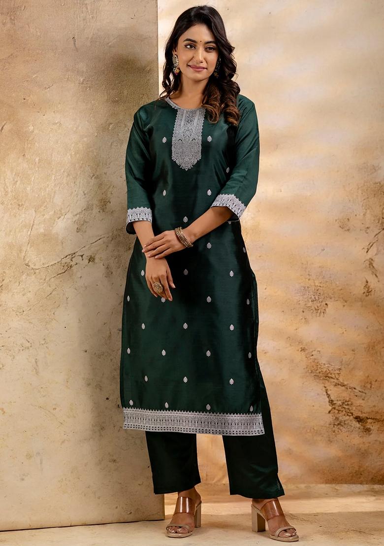 Green Self Weaving Pure Cotton Salwar Kameez With Dupatta