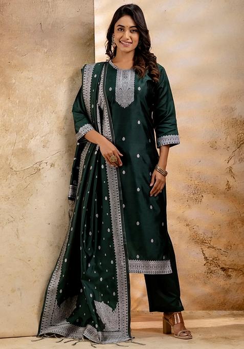 Green Embroidered Cotton Straight Kurta Set