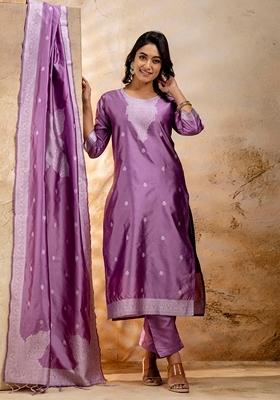 Lavender Self Weaving Pure Cotton Salwar Kameez With Dupatta