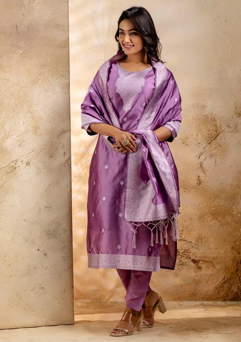 Lavender Self Weaving Pure Cotton Salwar Kameez With Dupatta