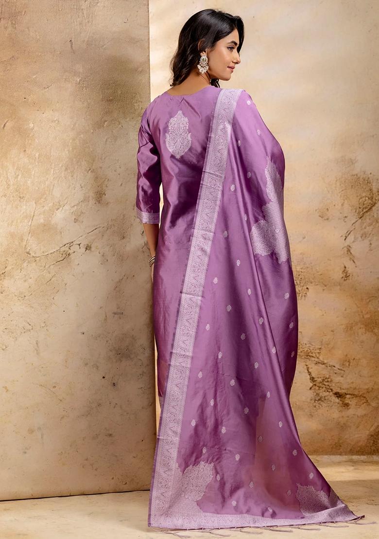 Lavender Self Weaving Pure Cotton Salwar Kameez With Dupatta