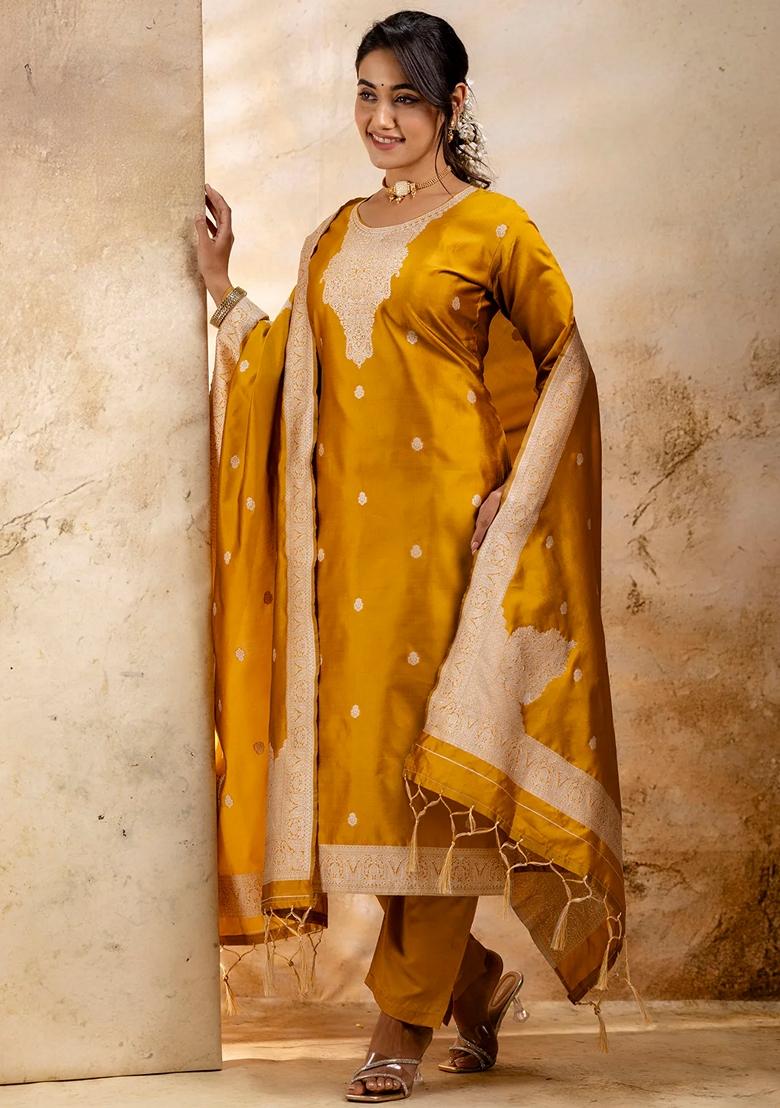 Yellow Self Weaving Pure Cotton Salwar Kameez With Dupatta