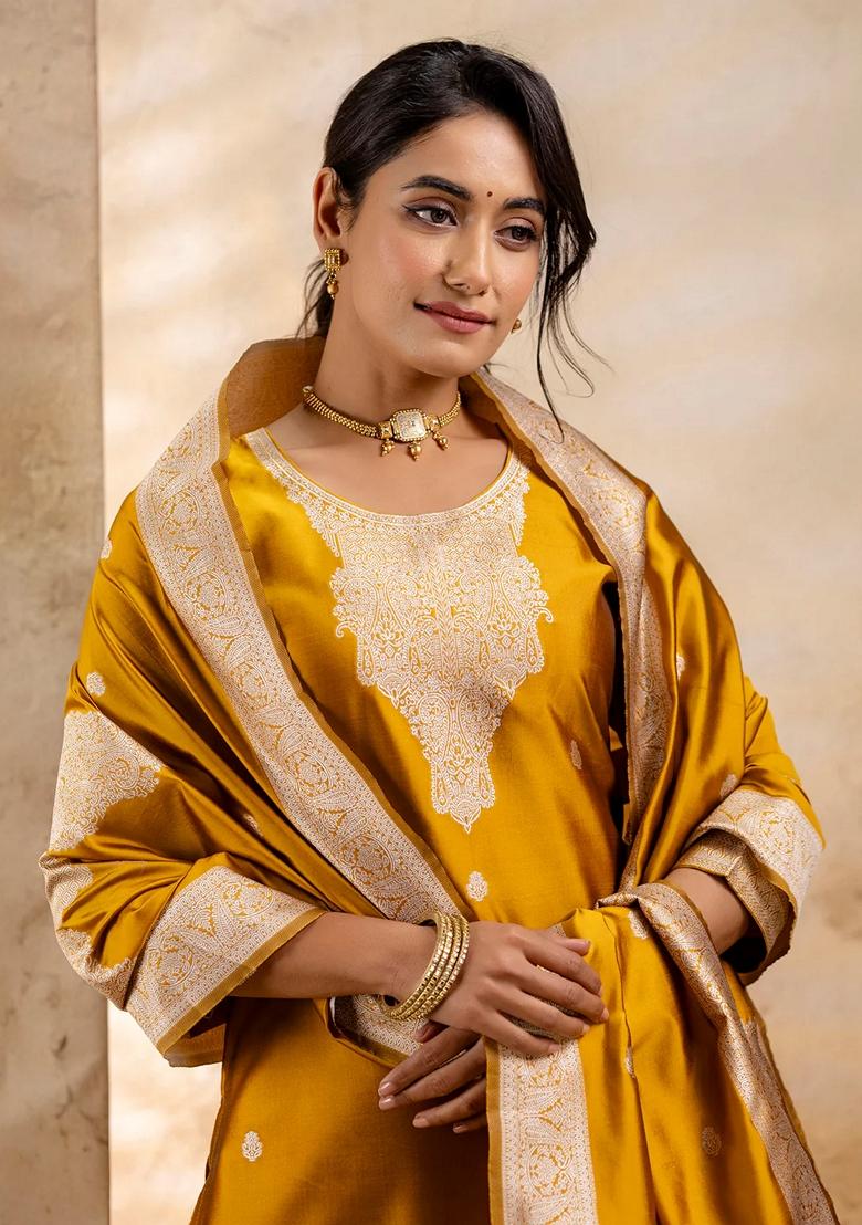 Yellow Self Weaving Pure Cotton Salwar Kameez With Dupatta