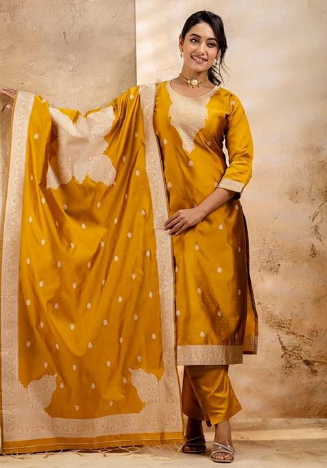 Yellow Jacquard Cotton Straight Kurta Set