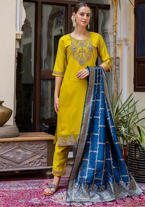 Yellow Embroidered Viscose Pakistani Suit Set