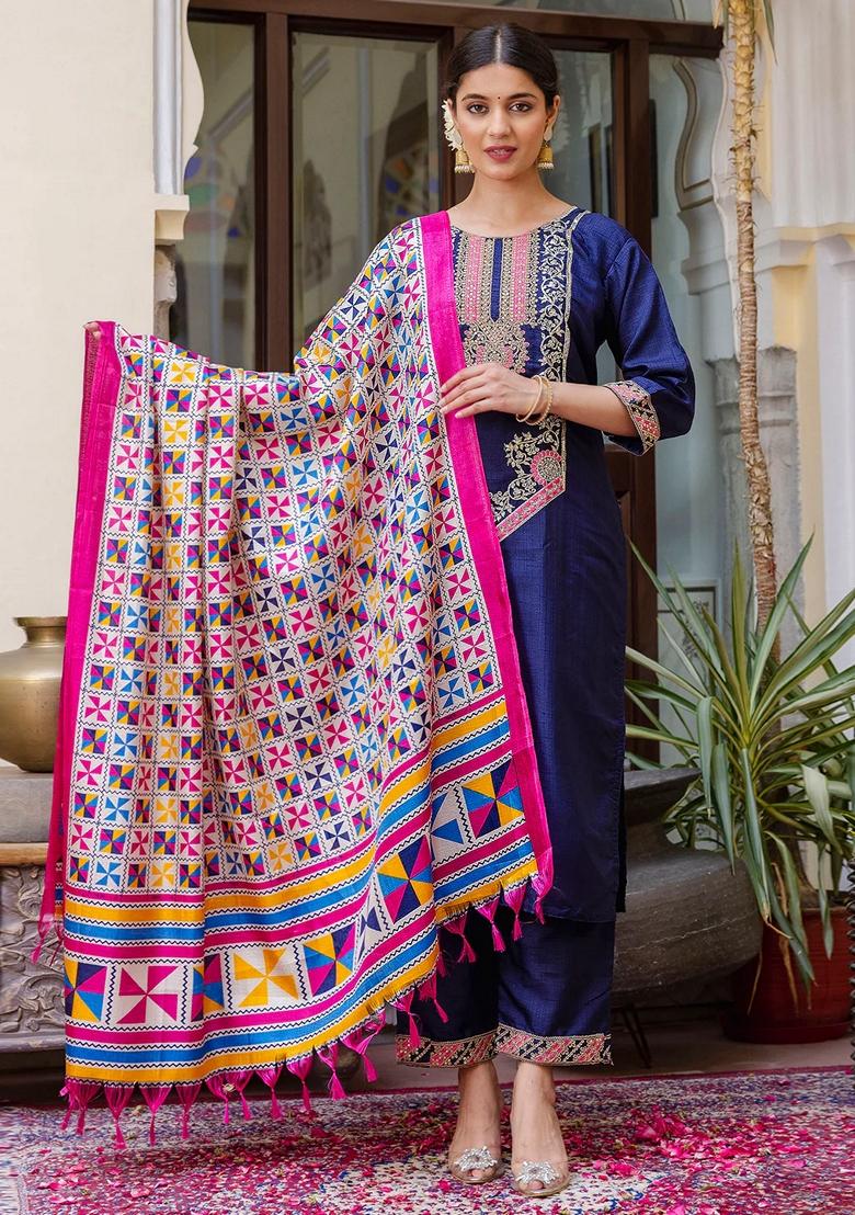 Blue Embroidered Art Silk Salwar Kameez With Dupatta