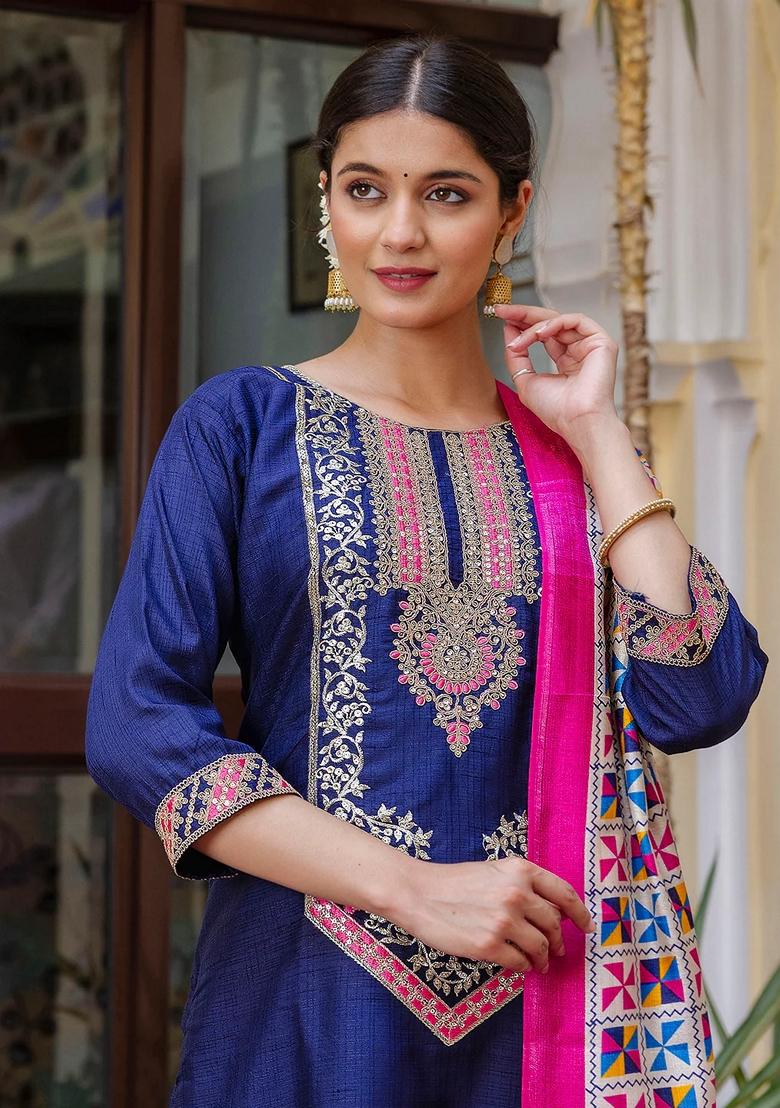 Blue Embroidered Art Silk Salwar Kameez With Dupatta