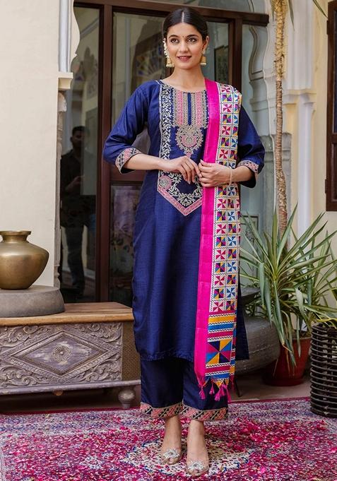Blue Embroidered Silk Straight Kurta Set