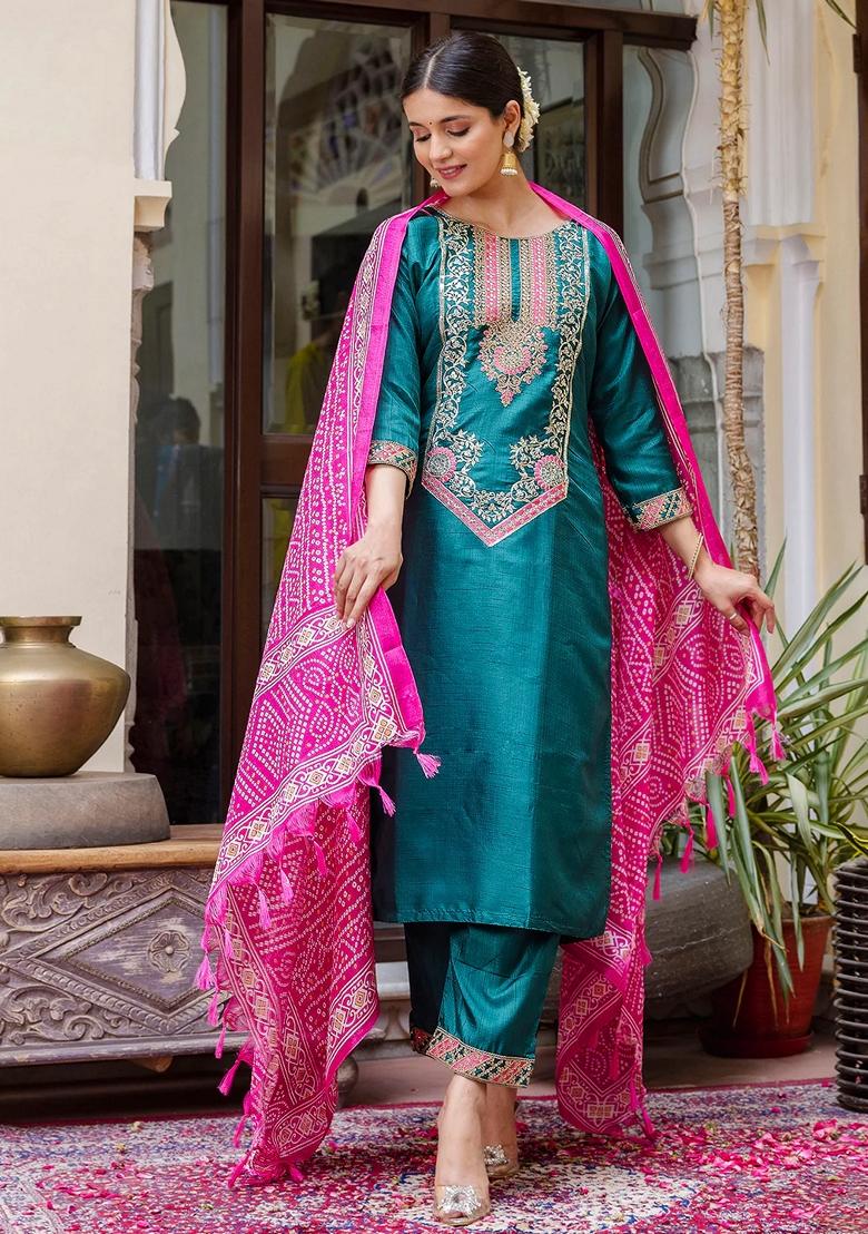 Rama Green Embroidered Art Silk Salwar Kameez With Dupatta
