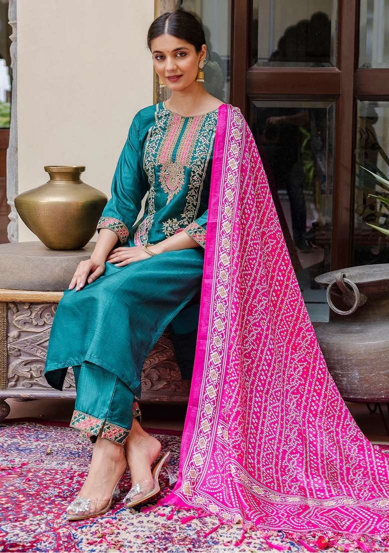 Rama Green Embroidered Silk Blend Straight Kurta Set - Indya